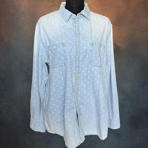 Mossimo Men's Chambray Skull Shirt Size Large Button Down Blue Faded Punk Rock